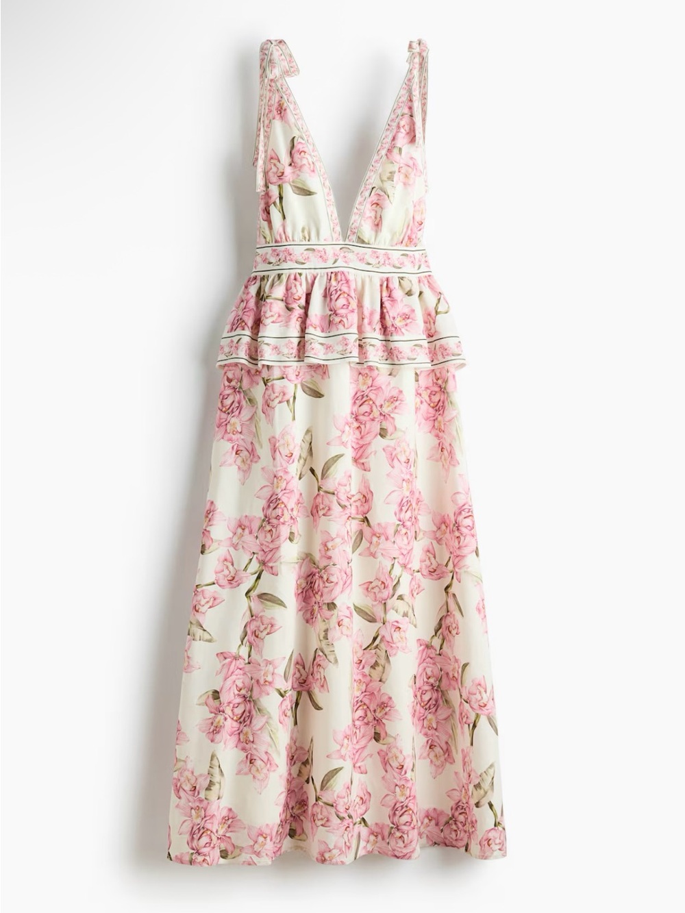 H&M NWT CREAM, PINK FLORAL LINEN-BLEND PEPLUM DRESS SIZE XS - Picture 2 of 10